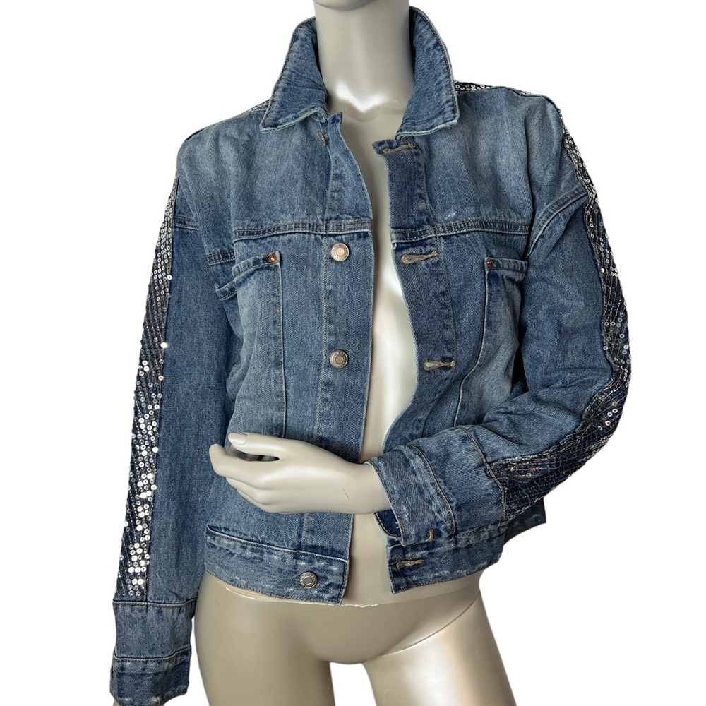 Sequin-Trim Blue Denim Jean Jacket